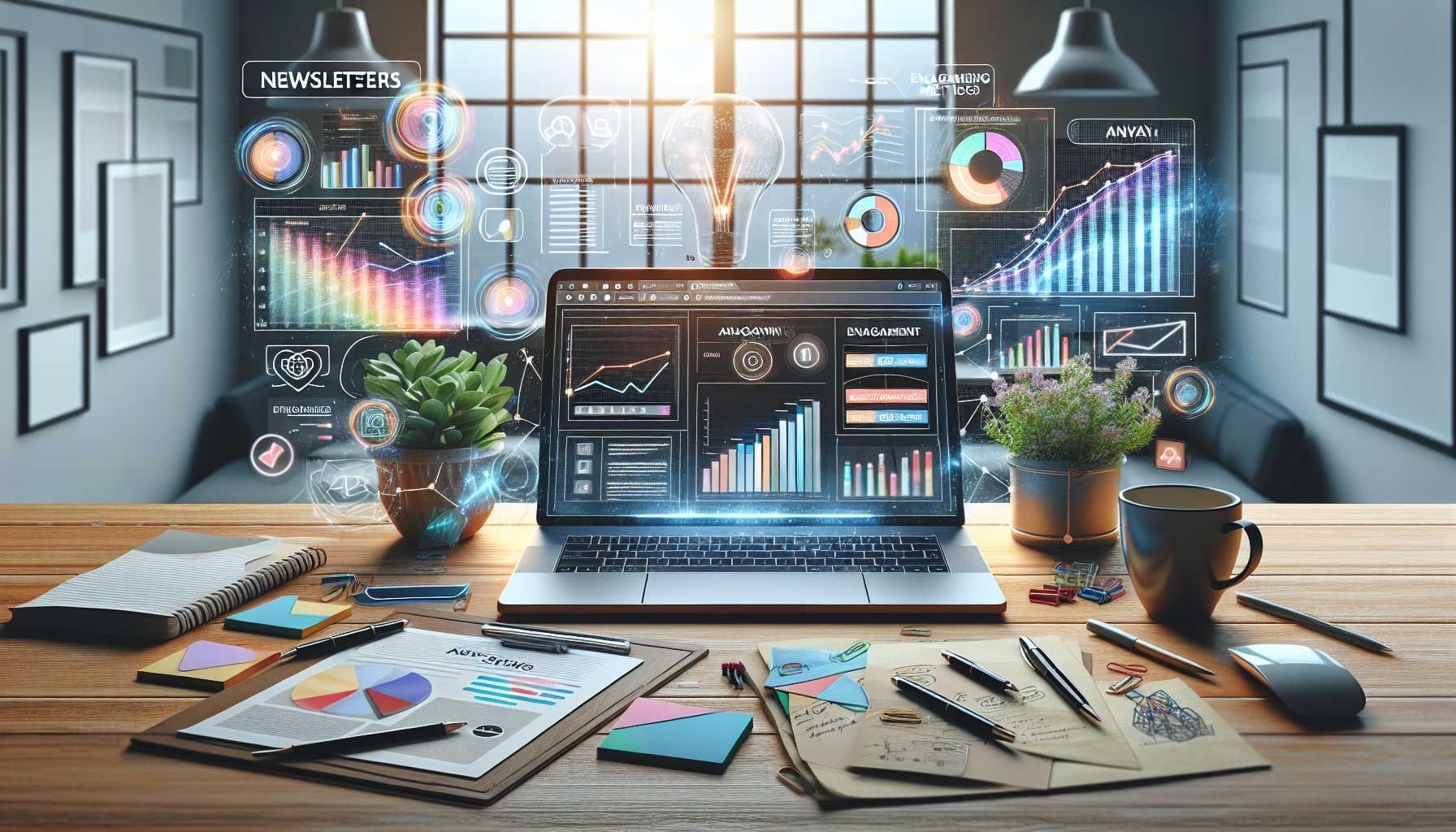 A photo-realistic image of a modern workspace featuring a laptop on a desk with an open newsletter application displayed on the screen. Surrounding the laptop are notes, colorful graphs, and charts analyzing engagement metrics, along with a coffee cup and decorative plants. The background shows a bright window with natural light illuminating the scene, conveying a sense of productivity and strategy for retailers, marketers, and webshop owners.