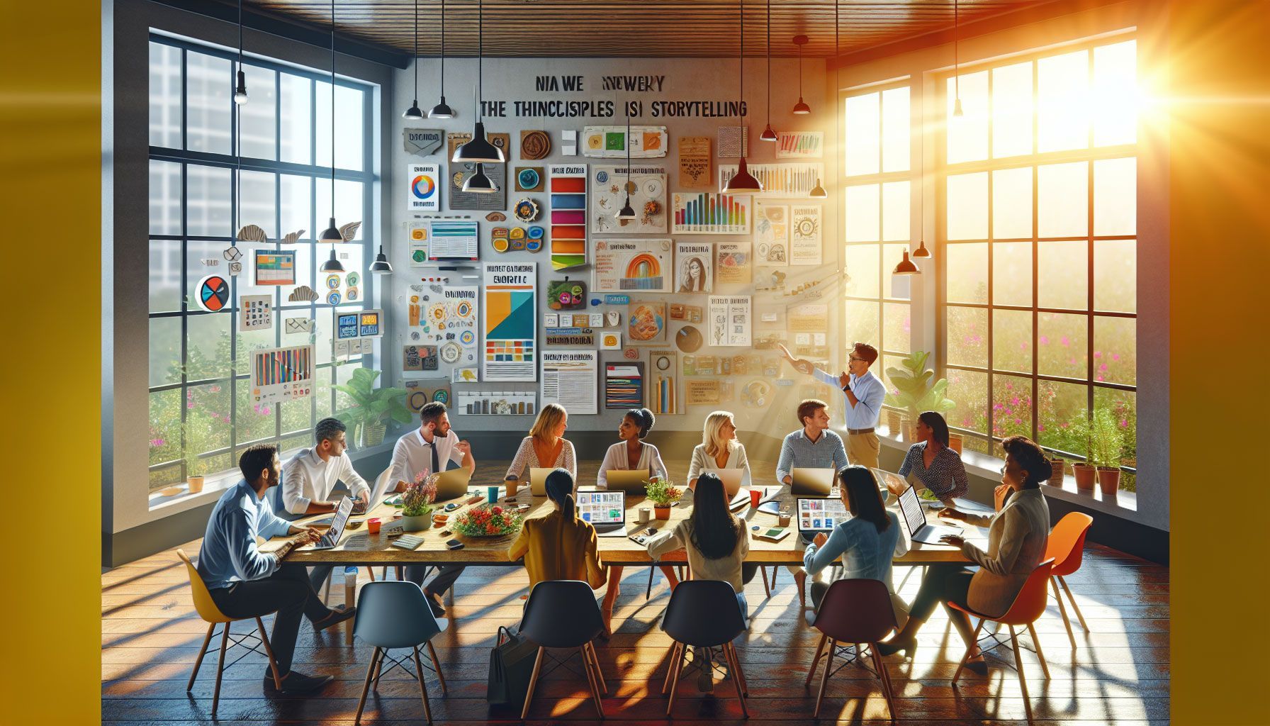 A photo-realistic, vibrant landscape scene depicting a digital workspace where a diverse group of professionals, including retailers and marketers, are gathered around a large table brainstorming ideas for storytelling in newsletters. The setting features modern technology like laptops and tablets, along with colorful charts and graphics on a screen showcasing storytelling principles. Sunlight streams through large windows, creating an inspiring and collaborative atmosphere filled with notes, coffee cups, and inspiration boards. The composition emphasizes creativity, collaboration, and the power of storytelling in marketing.