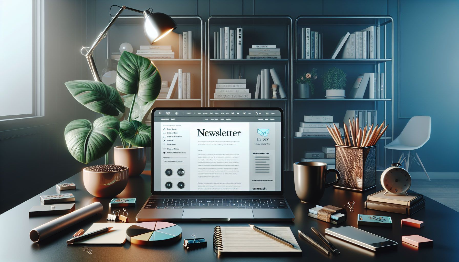 A visually engaging landscape image showing a modern workspace with a laptop displaying a well-designed newsletter template on the screen. The desk is adorned with stationery, a notepad, and a coffee cup. In the background, there's a stylish bookshelf filled with marketing books and plants, creating a warm and inviting atmosphere. The scene conveys a sense of professionalism and creativity, perfect for retailers, marketers, and webshop owners diving into email marketing. The lighting is bright and inviting, emphasizing an educational and informative vibe.