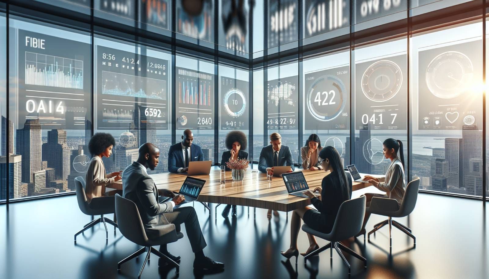 A vibrant, photo-realistic landscape featuring a modern office environment with a diverse group of professionals gathered around a sleek table, analyzing data on laptops and tablets. The room is bright with large windows showcasing a city skyline. In the background, a digital clock displays different time zones, illustrating the concept of timing in email marketing. A stylish calendar on the wall highlights seasonal promotions, while colorful graphs and charts are visible on the screens, representing engagement metrics. The atmosphere conveys a sense of collaboration, strategy, and modern marketing techniques.