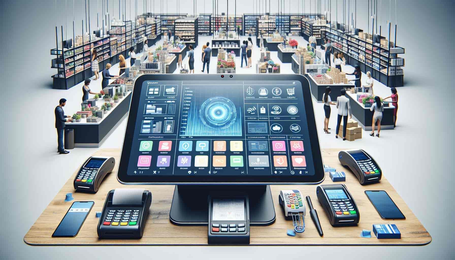  A detailed, photo-realistic illustration of a modern Point of Sale (POS) system setup, featuring a 