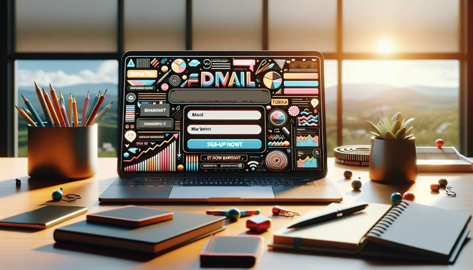 A photo-realistic landscape image illustrating a modern and visually appealing email sign-up form on a laptop screen, set against a vibrant workspace background. The form should feature eye-catching colors and contrasting fonts, with clear call-to-action buttons. Around the laptop, there are motivational elements like notebooks and marketing books, symbolizing the tools of retailers and marketers. Soft natural light filters through a window, adding warmth and a professional atmosphere, evoking the importance of email marketing for online businesses.