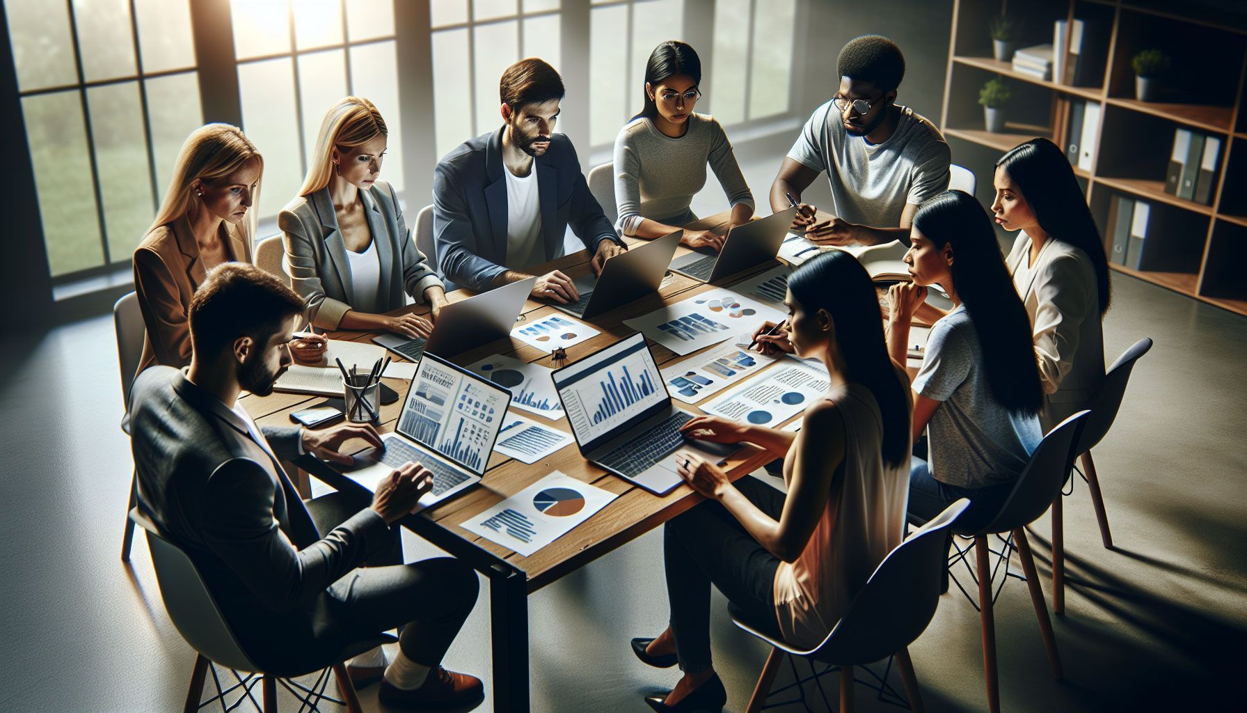 A photo-realistic scene depicting a diverse group of marketers and retailers brainstorming over a table filled with laptops, notebooks, and charts, illustrating the process of researching their target audience for a newsletter. The atmosphere is collaborative, with notes and digital screens showing audience analytics and demographic data. Soft natural light filters through a modern office window, highlighting the engaged expressions on their faces as they share ideas and insights.