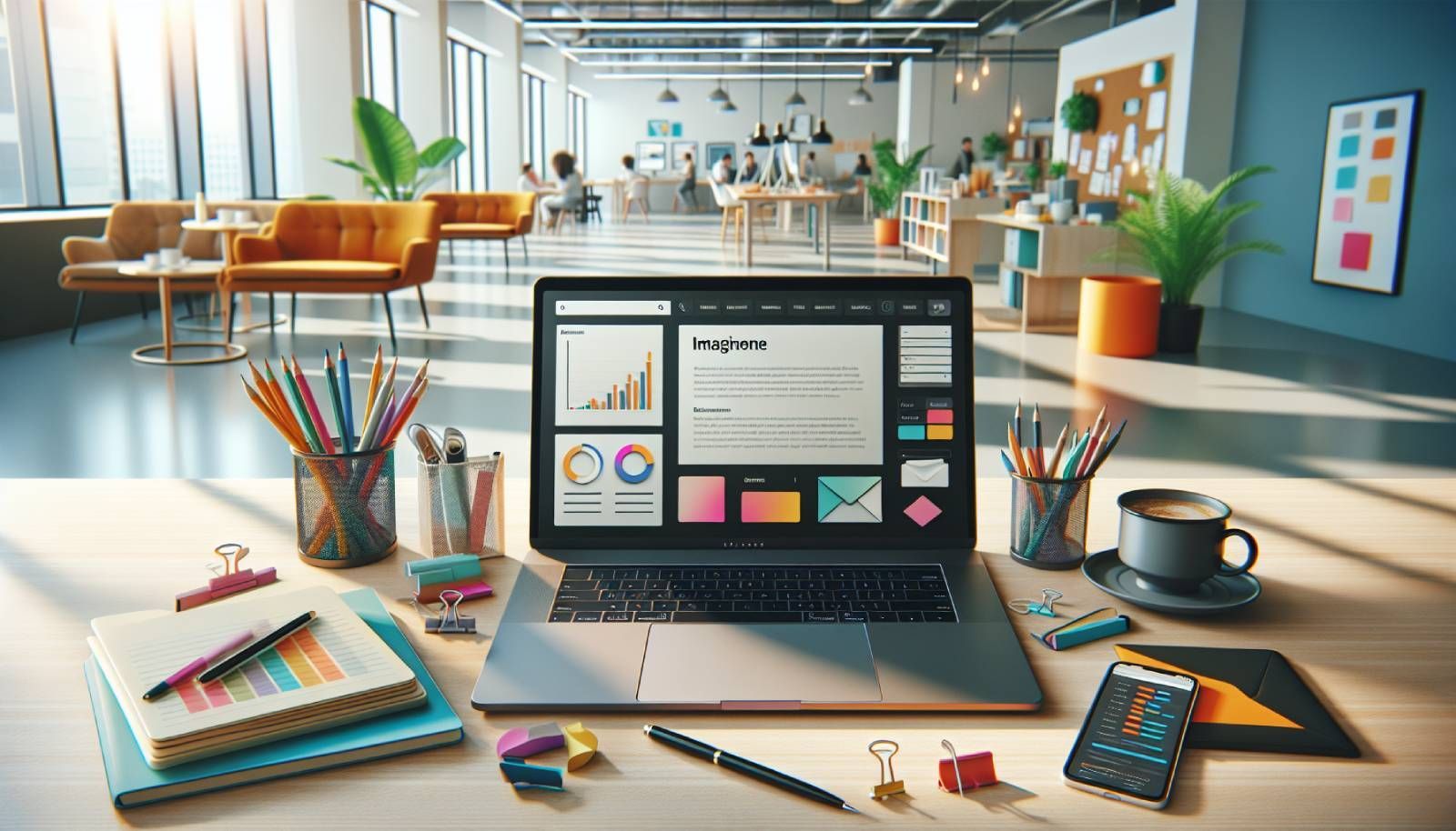 A visually appealing and modern workspace featuring a laptop open to an email newsletter design screen, surrounded by notepads, a coffee mug, a smartphone displaying analytics, and colorful stationery. The background includes a soft focus of a sunlight-filled office with potted plants, hinting at a warm, inviting atmosphere for marketers and webshop owners crafting newsletters. The layout suggests organization and creativity, emphasizing the importance of clear design and tailored content.