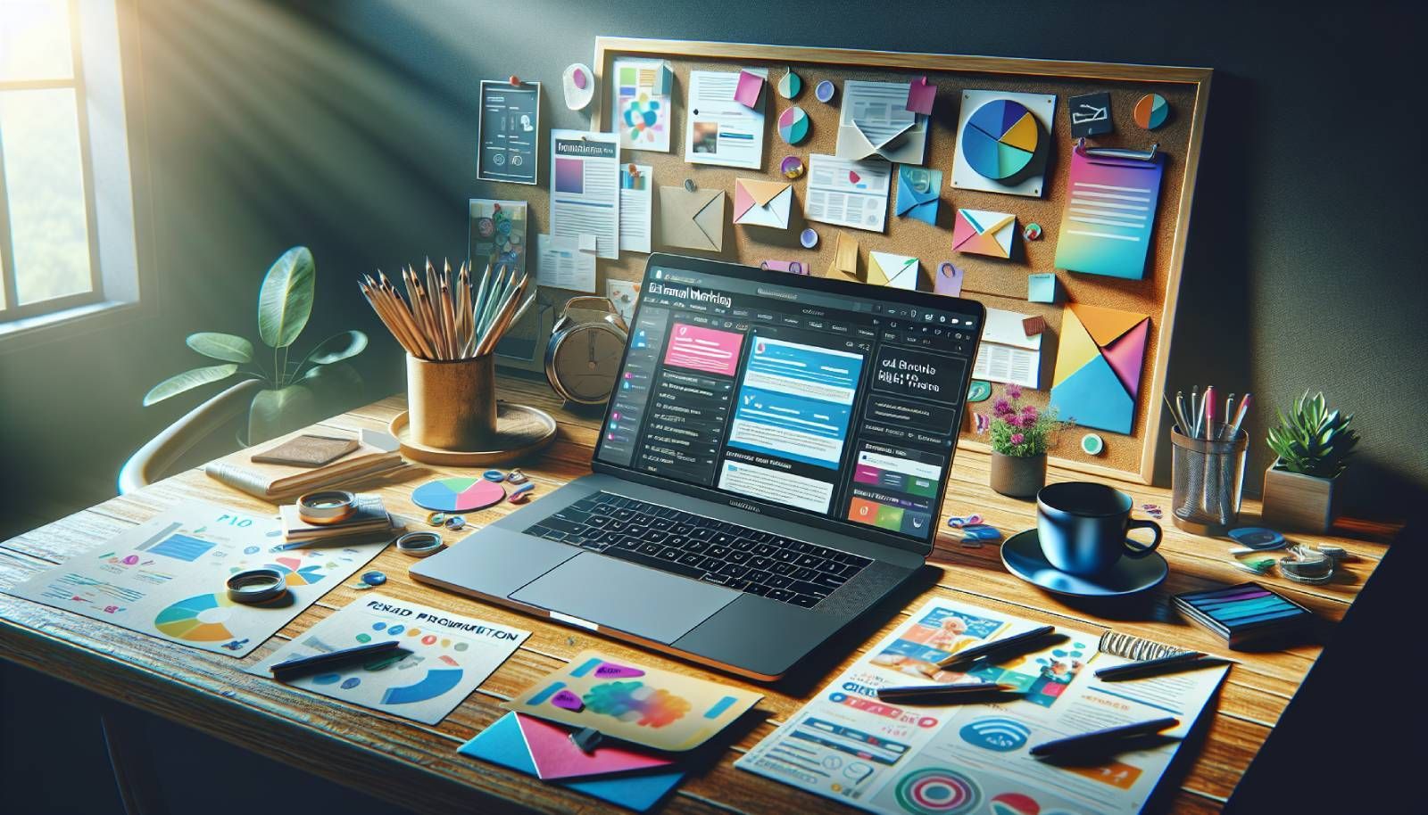 A photo-realistic image of a laptop opened on a wooden desk, displaying an email marketing dashboard with vibrant email templates showing balanced promotion and value. Surrounding the desk are colorful marketing materials such as brochures and flyers, along with a coffee cup and a notepad filled with ideas. Soft sunlight filters through a nearby window, creating a warm and inviting atmosphere that appeals to retailers, marketers, and webshop owners focusing on effective email strategies.