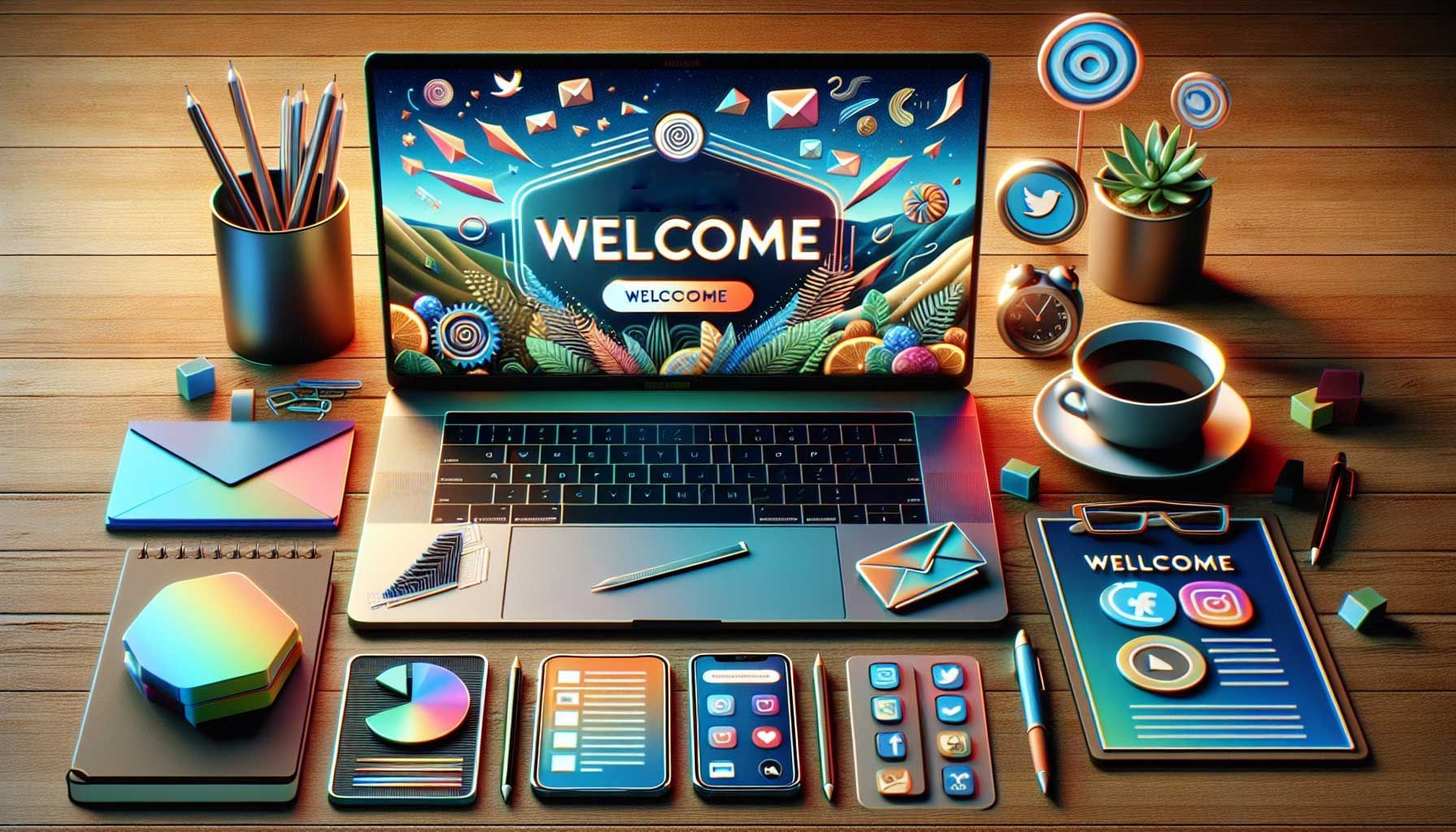 A visually appealing landscape image showing a digital workspace with a laptop displaying an email interface. The screen has a beautifully designed welcome email template that features bright colors, attractive graphics, and a clear call-to-action button prominently displayed. Surrounding the laptop are elements of a marketer’s desk with a notepad, coffee cup, and a smartphone displaying social media icons. The atmosphere is modern and inviting, reflecting a professional yet creative approach to marketing.