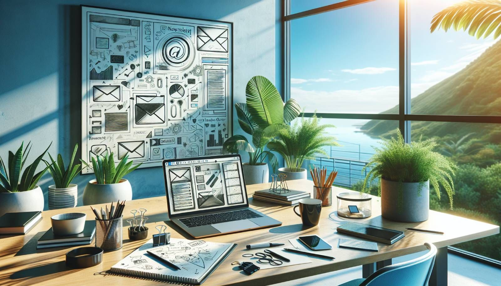 A photo-realistic landscape image depicting a vibrant workspace designed for email marketing. The scene includes a modern desktop with a laptop open to an email marketing platform, a notepad filled with sketches of newsletter ideas, and a stylish coffee mug. In the background, a window reveals a sunny day outside, symbolizing clarity and openness. The color palette is bright and inviting, featuring shades of blue, green, and white, with some plants adding a touch of nature, creating an atmosphere of creativity and focus on successful email delivery.