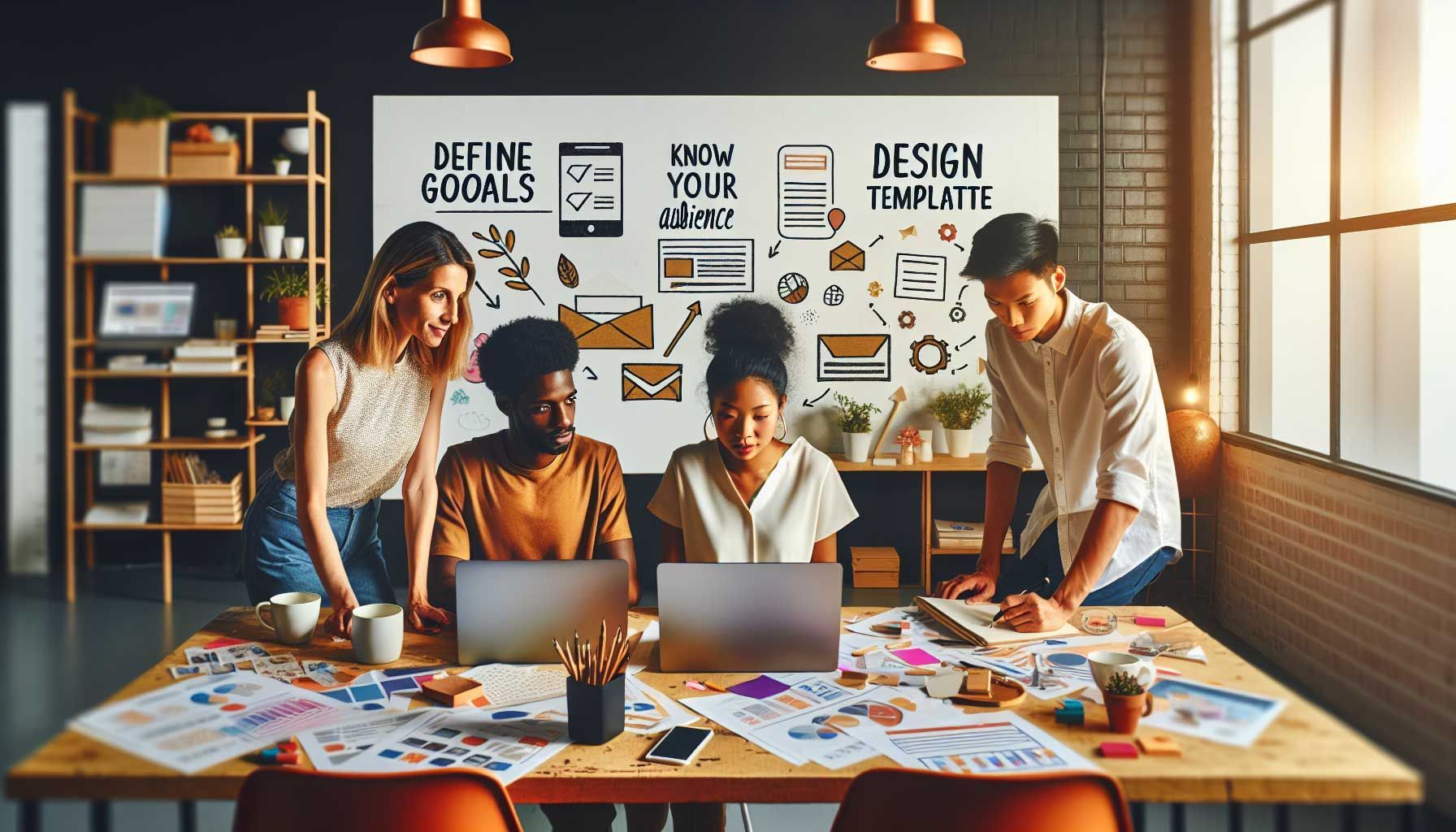 A bright, modern workspace featuring a diverse group of three marketers (a Caucasian woman, a Black man, and an Asian woman) collaborating on a newsletter design. Laptops open on a table filled with colorful templates and graphics, with notes and coffee cups present. The background shows a whiteboard with a checklist outline, emphasizing tasks like "Define Goals," "Know Your Audience," and "Design Template." The setting is inviting and professional, showcasing creativity and teamwork in digital marketing. The lighting is warm and natural, creating a positive and productive atmosphere.