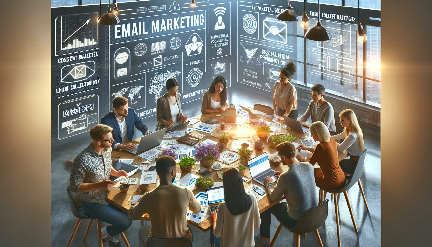 A photo-realistic image depicting a diverse group of retailers and marketers engaged in a brainstorming session around a laptop, surrounded by notes and digital devices. The setting is a modern office with charts and email marketing posters on the walls. Bright lighting emphasizes a collaborative atmosphere focused on ethical email marketing strategies and compliance with regulations. Vivid details include visible consent forms, a smartphone displaying social media promotion, and a checklist for effective email collection tactics.