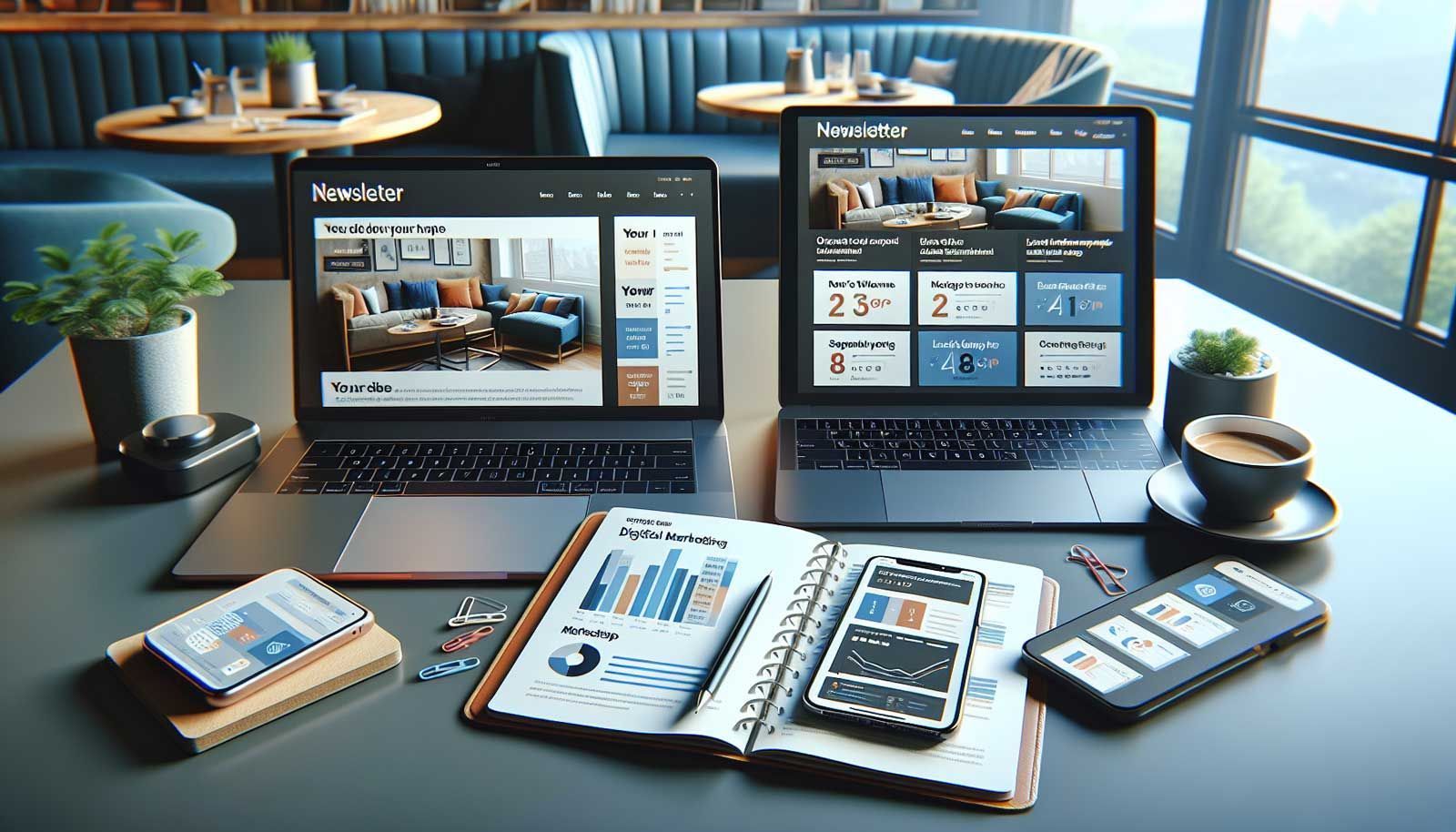 A photo-realistic layout of a well-designed email newsletter displayed on a sleek laptop and a smartphone, showcasing a clean, colorful design with prominent calls-to-action, segmented content, and engaging visuals. The background should feature a cozy cafe setting, with subtle hints of digital marketing elements like graphs and analytics on a nearby notepad, emphasizing the importance of clear objectives and mobile optimization. The overall mood should be modern and professional, appealing to retailers, marketers, and webshop owners.