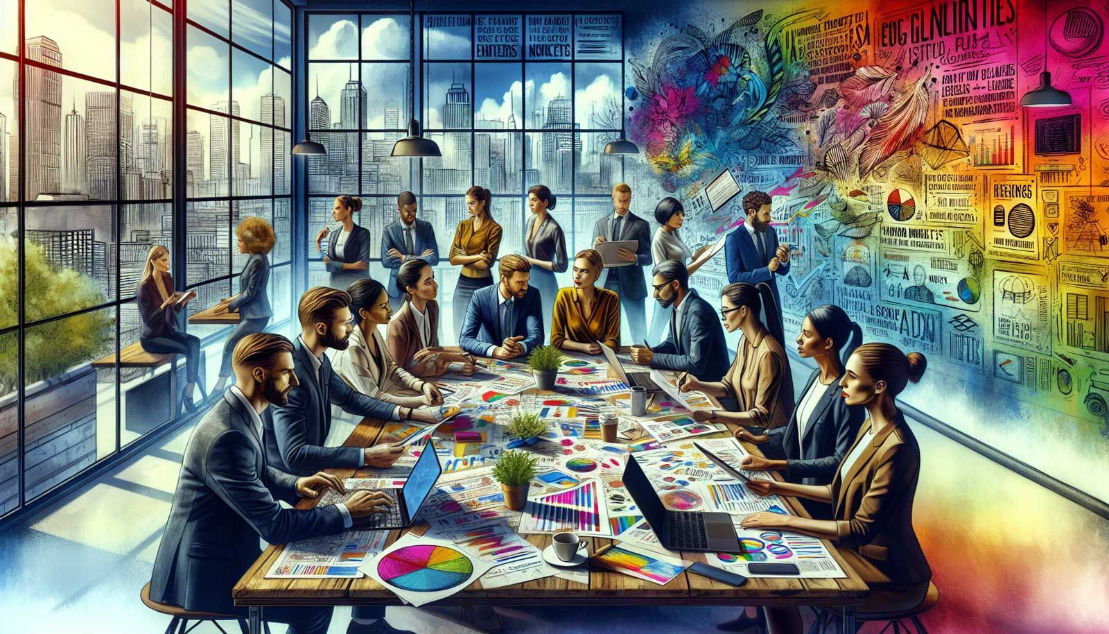 A vibrant, photo-realistic landscape depicting a diverse group of retailers and marketers gathered around a large table filled with laptops, notebooks, and colorful sketches, brainstorming the purpose of their newsletters. The setting is a modern, well-lit workspace with motivational quotes on the walls, and a large window showcasing a bustling street outside. Each individual is engaged in discussion, pointing at charts and graphs, reflecting teamwork and collaboration. The atmosphere conveys creativity, focus, and a strong sense of community among professionals.