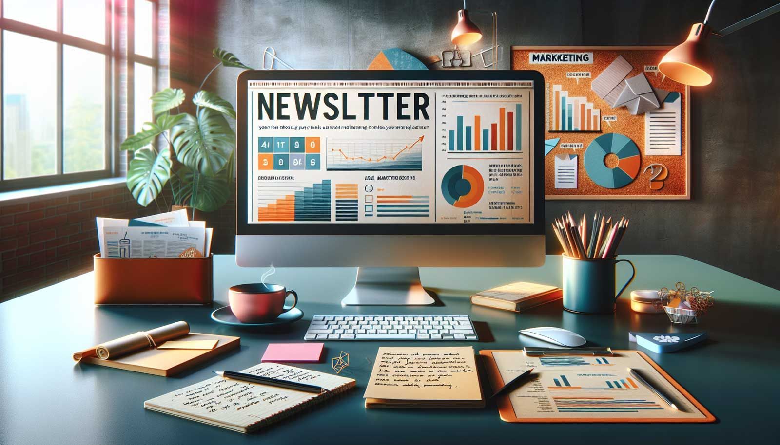 A vibrant, modern office workspace with a computer screen displaying an engaging newsletter template. The scene includes colorful graphics and charts representing email marketing metrics. On the desk, there are marketing materials, a notepad with hand-written notes, and a coffee cup, giving a sense of creativity and productivity. In the background, soft natural light illuminates the space, enhancing the professional yet inviting atmosphere, symbolizing the importance of newsletters in business growth and customer engagement.