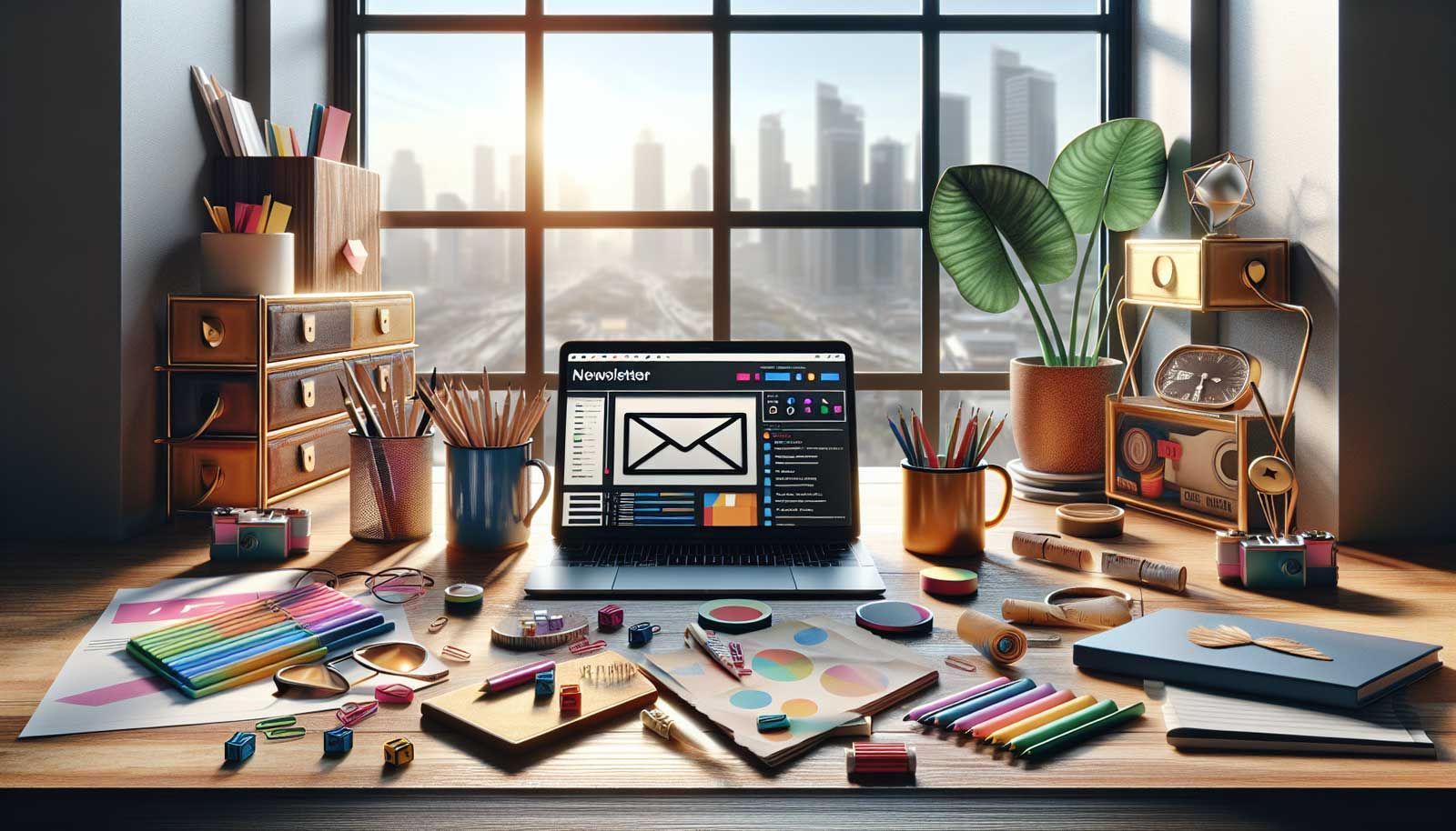 A photo-realistic landscape image featuring a modern workspace setup for creating a newsletter. The scene includes a sleek laptop open to an email marketing platform interface, surrounded by vibrant stationery, a coffee cup, and a potted plant. The background showcases a large window with natural light streaming in and a view of a bustling city, symbolizing connection and engagement. The atmosphere is professional yet inviting, representing the creative process behind crafting effective newsletters for retailers, marketers, and webshop owners.