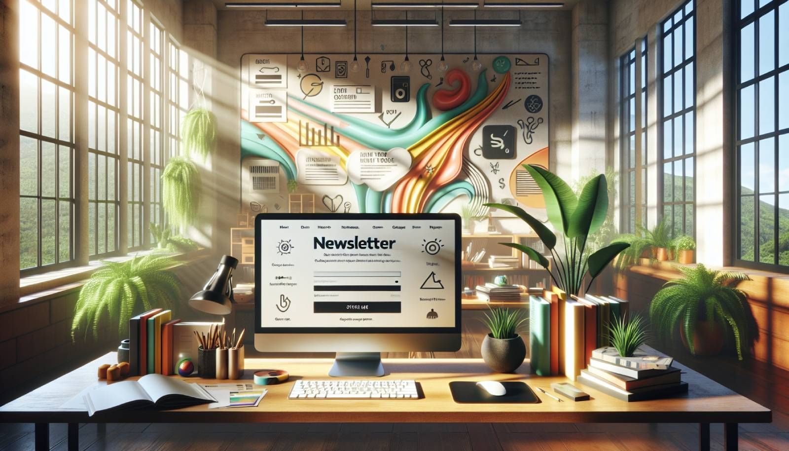 A photo-realistic landscape image of a modern office workspace featuring a computer screen displaying a well-designed newsletter sign-up form, with vibrant colors and engaging visuals. The background shows a stylish office with greenery, books, and marketing materials, indicating a bustling ecommerce environment. Sunlight streams through a window, creating a warm and inviting atmosphere.