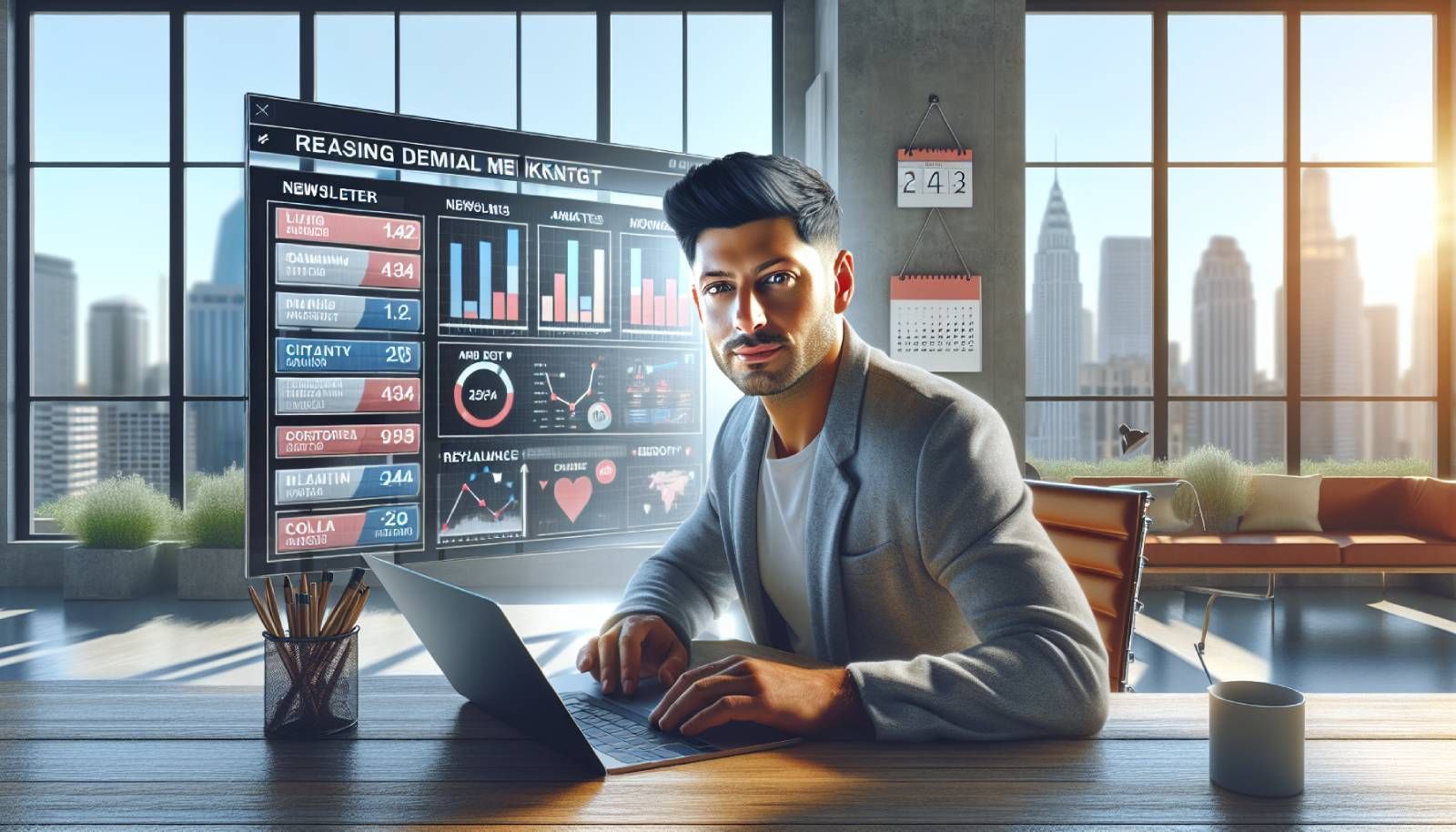 A photo-realistic landscape featuring a confident marketer working at a modern desk filled with colorful digital analytics on the screen, showcasing graphs and email campaign statistics. Surrounding the desk, a bright window reveals a bustling city skyline, symbolizing the dynamic world of digital marketing. A calendar on the wall shows periodic newsletter schedules, emphasizing consistency. The overall atmosphere reflects an engaging and productive workspace, suitable for retailers, marketers, and webshop owners.