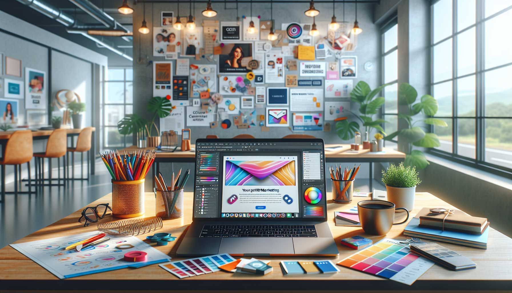 A photo-realistic landscape image illustrating a digital marketing workspace featuring a designer's desk with a laptop open to a colorful and well-branded newsletter template. The scene includes vibrant stationery, branding elements like color swatches and logo designs, and a cup of coffee, all set in a bright, modern office with natural light streaming in. The background shows an inspirational wall adorned with marketing strategies and customer engagement visuals.