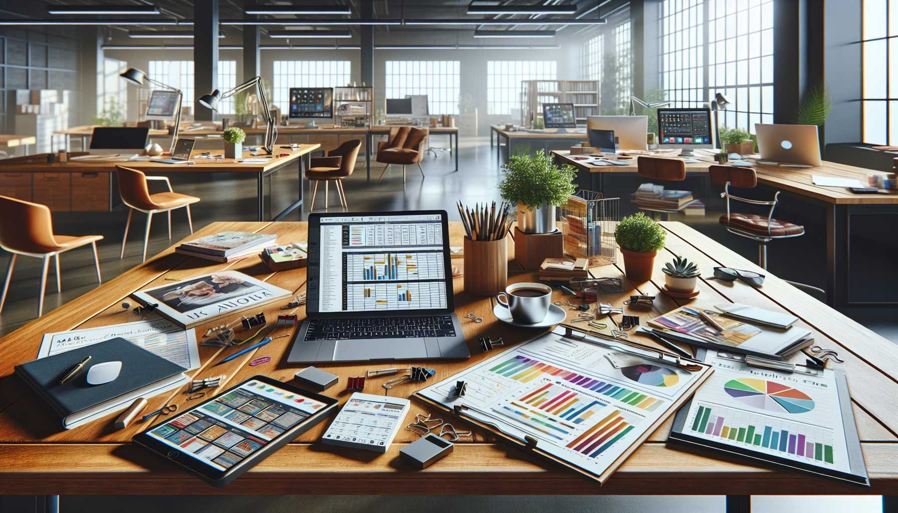 A photo-realistic workspace featuring a large wooden desk with a digital tablet displaying an editorial calendar for a newsletter. Scattered around are marketing materials like brochures and promotional flyers, a laptop open displaying email analytics, a cup of coffee, and a potted plant for a touch of green. The background shows a bright, inviting office space with soft natural light streaming through a window, emphasizing a productive and creative environment for retailers and marketers.