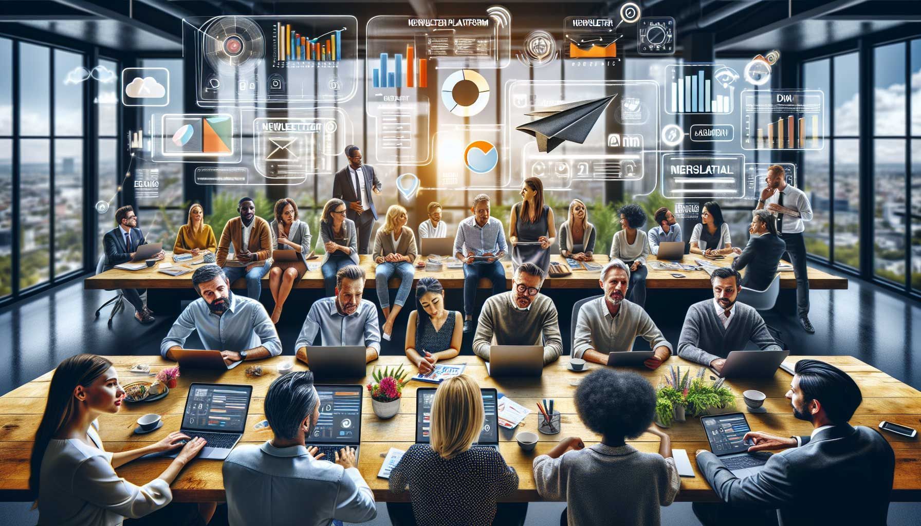 A photo-realistic image of a diverse group of retailers and marketers gathered around a large table in a modern office, enthusiastically discussing various newsletter platform features displayed on laptops and tablets. The scene includes colorful graphics and charts showcasing email performance metrics, and the environment is bright and inspiring, filled with plants and natural light, reflecting a professional yet collaborative atmosphere focused on decision-making and innovation.