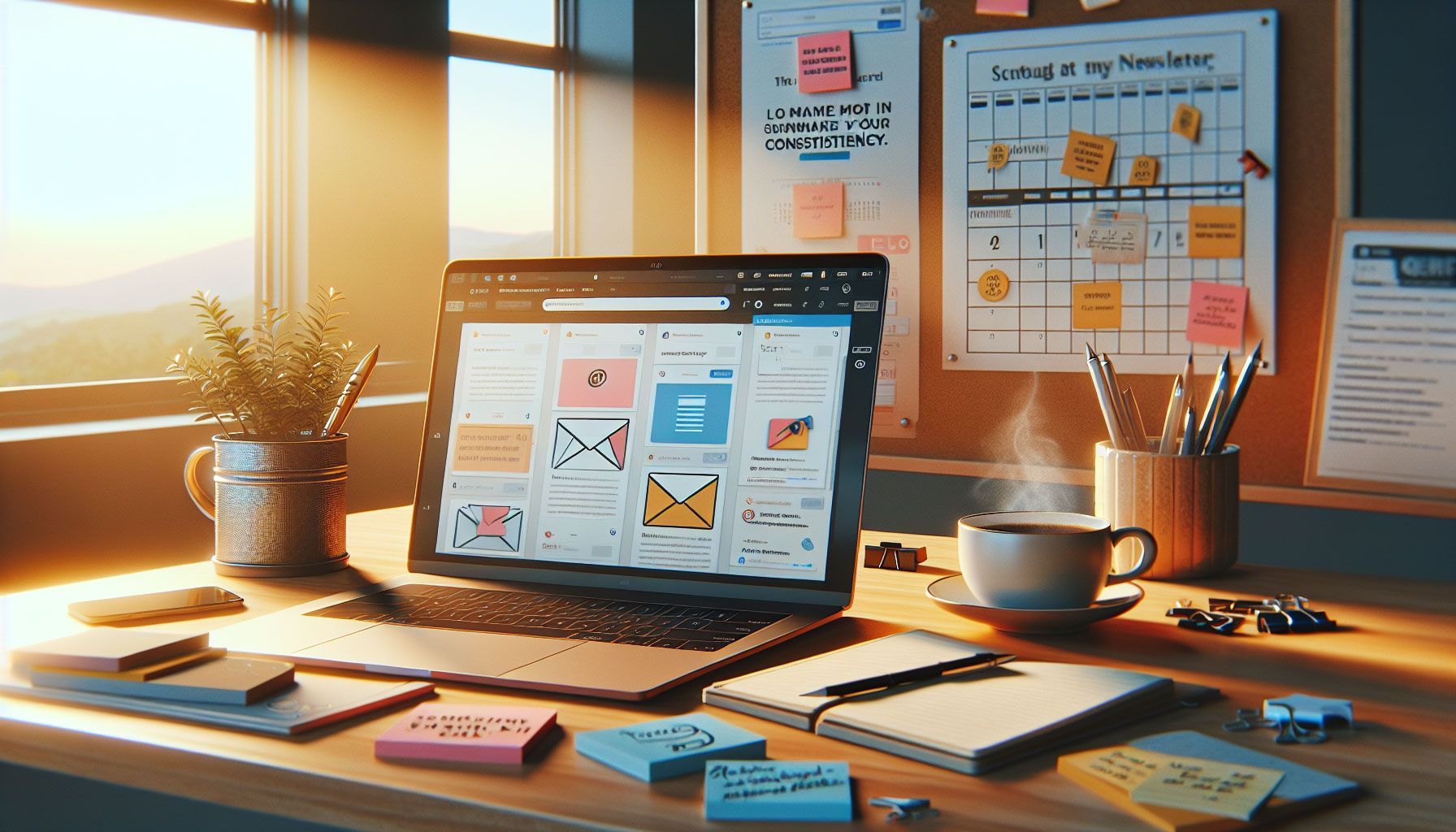 A professional and engaging landscape image of a clean, modern workspace featuring a laptop open to an email marketing platform, a cup of coffee beside it, with colorful, well-designed newsletter templates displayed on the screen. The background shows a calendar marked with dates, emphasizing scheduling and consistency in newsletter publishing. The lighting is warm and inviting, creating a productive atmosphere, with motivational quotes about consistency on sticky notes around the workstation.