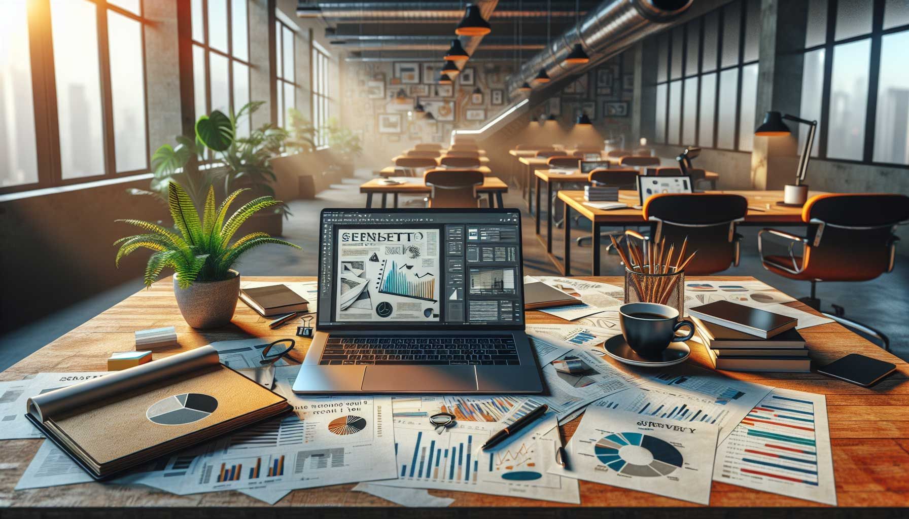 A photo-realistic landscape image showcasing a vibrant workspace with a laptop displaying a colorful newsletter draft, surrounded by survey forms and charts on a desk. Include a cup of coffee, a notepad with handwritten ideas, and a plant in the background. Warm, inviting lighting to convey a productive atmosphere for marketers and retailers planning effective newsletters through surveys.