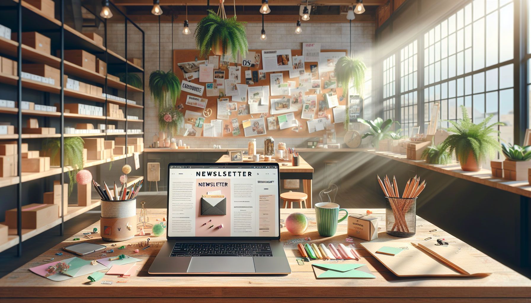 A vibrant and engaging landscape image of a retailer's workspace filled with personalized newsletter materials. The workspace features a laptop open with a beautifully designed newsletter mockup on the screen, surrounded by colorful stationery, coffee cups, and plants. There's a bulletin board in the background with pinned customer feedback and product photos. The atmosphere is warm and inviting, reflecting creativity and communication. The image has a bright, natural light illuminating the scene, enhancing the sense of personalization and connection.