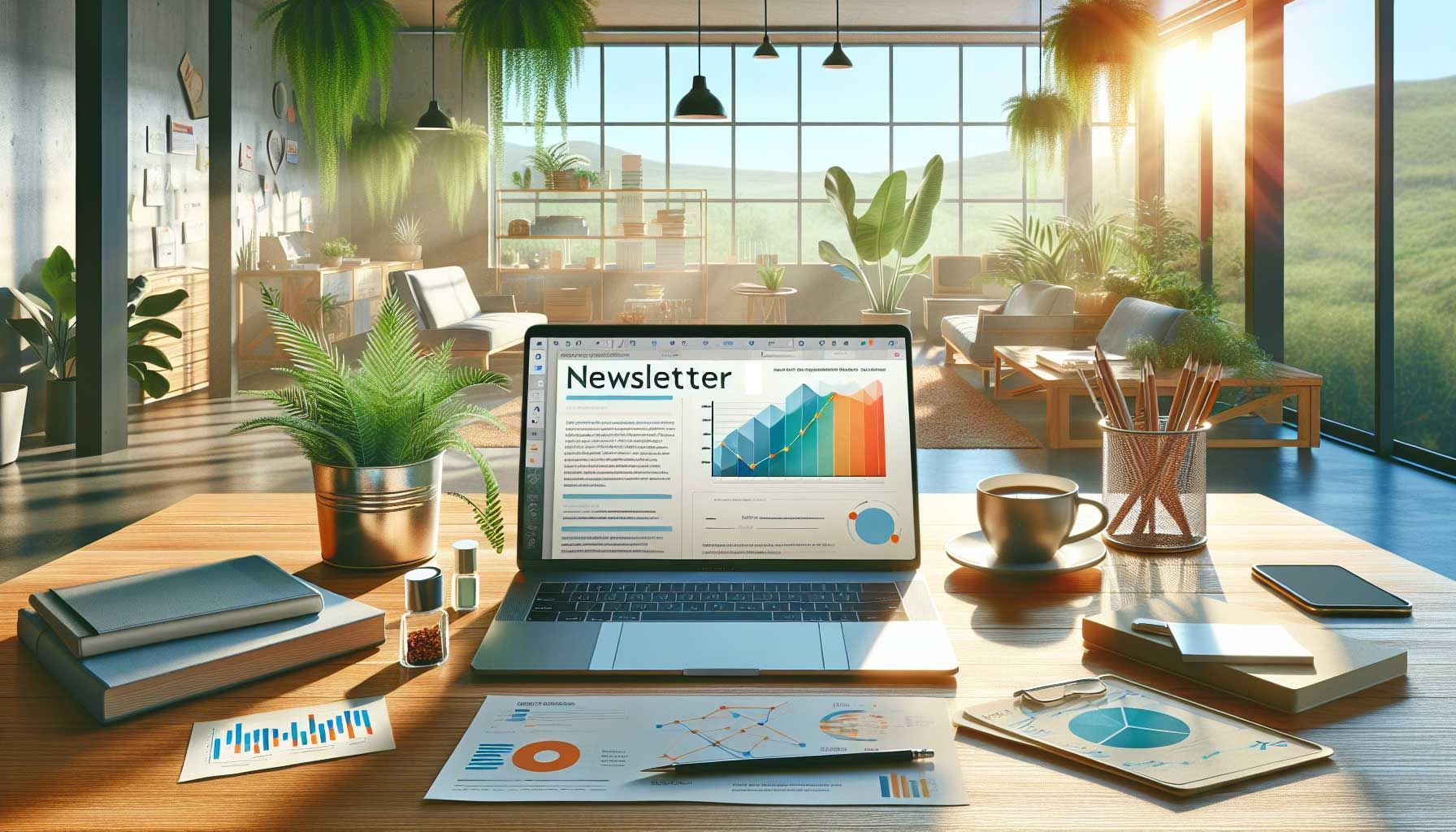 A visually appealing, photo-realistic landscape image showcasing an organized workspace with a laptop open to a colorful newsletter template. The setting includes a notepad, a cup of coffee, and an array of marketing analytics charts scattered around. The background features a bright, sunlit office space with plants for a refreshing feel. The overall theme emphasizes creativity and organization, intended to resonate with retailers, marketers, and webshop owners focused on enhancing their newsletter strategies.