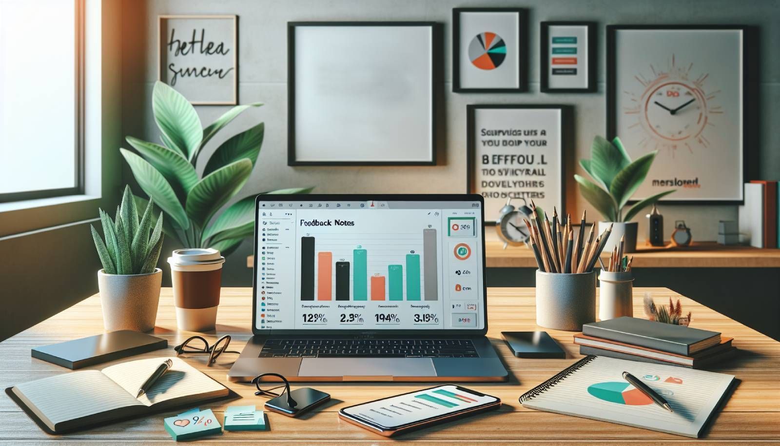 A visually appealing workspace featuring a laptop open to an email marketing dashboard with colorful graphs and feedback metrics displayed. Surrounding the laptop are notepads with feedback notes, a cup of coffee, and a smartphone showing a survey app. The background includes a plant and motivational quotes framed on the wall, creating a bright and productive atmosphere that symbolizes the importance of using feedback to enhance newsletter performance. The image is in a photo-realistic style with soft natural lighting, emphasizing creativity and professional growth.