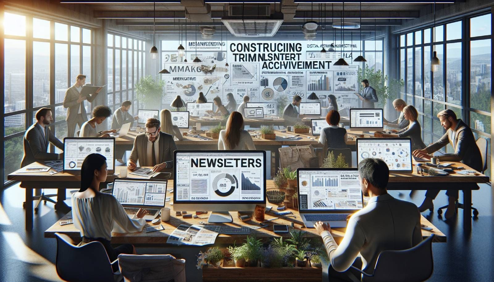 A photo-realistic landscape image showcasing a modern office environment where a diverse group of professionals, including retailers and marketers, are collaborating over laptops and digital devices. They are analyzing computer screens displaying graphs and metrics related to newsletter performance while discussing content strategies and design layouts. The setting includes a large window with natural light, plants for a touch of greenery, and a whiteboard filled with creative ideas and plans for a newsletter. The image conveys a sense of teamwork, creativity, and digital marketing focus, highlighting the essence of crafting successful newsletters.