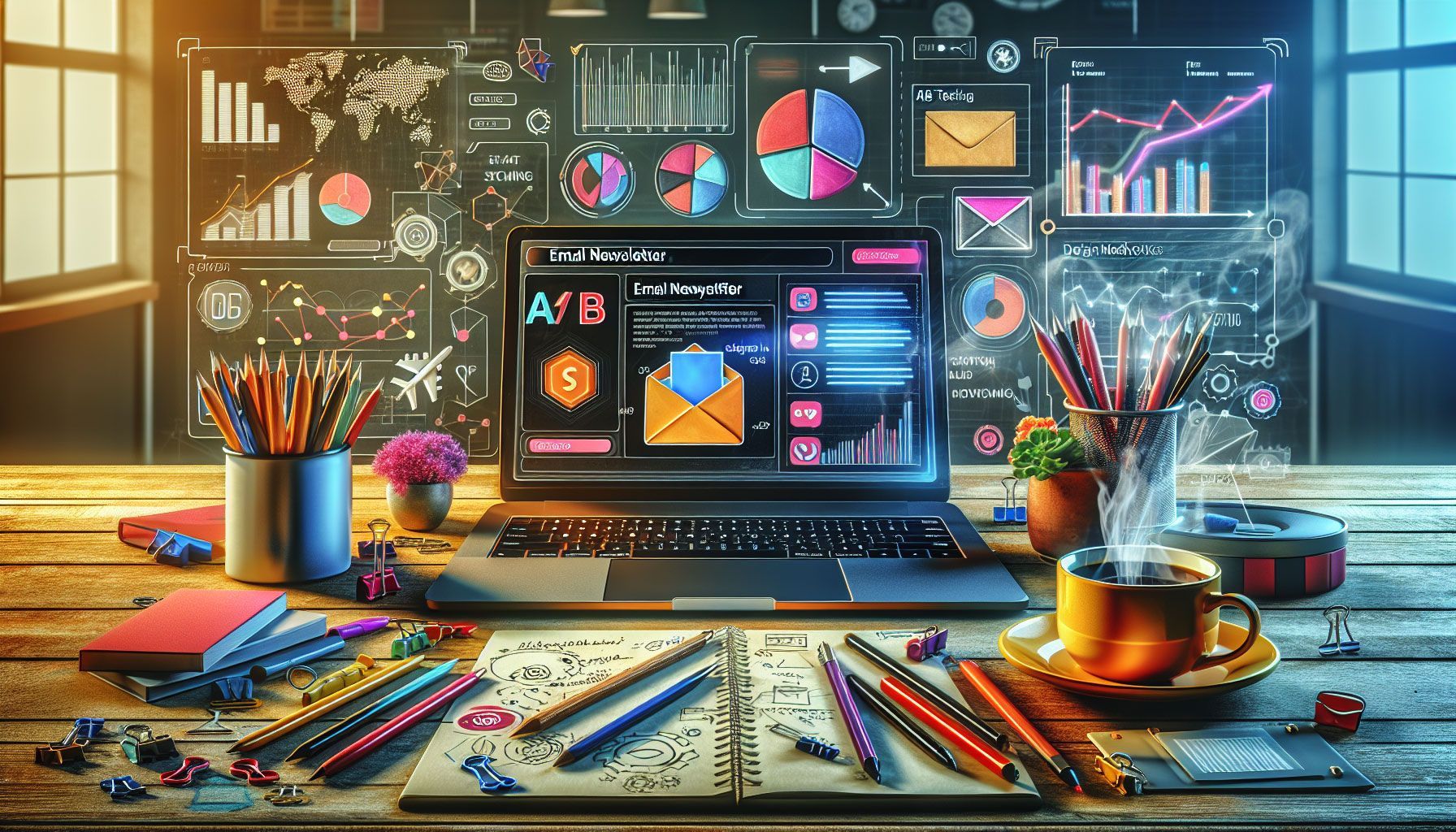 A photo-realistic image depicting a workspace with a laptop open to an email newsletter creation screen, surrounded by colorful stationery, a cup of coffee, and a notepad filled with notes for testing and optimizing email campaigns. On the screen, there should be visible elements of A/B testing and design layout considerations, with graphs and metrics in the background. The overall ambiance should reflect a professional yet creative environment suitable for marketers and webshop owners preparing to launch their first newsletter.