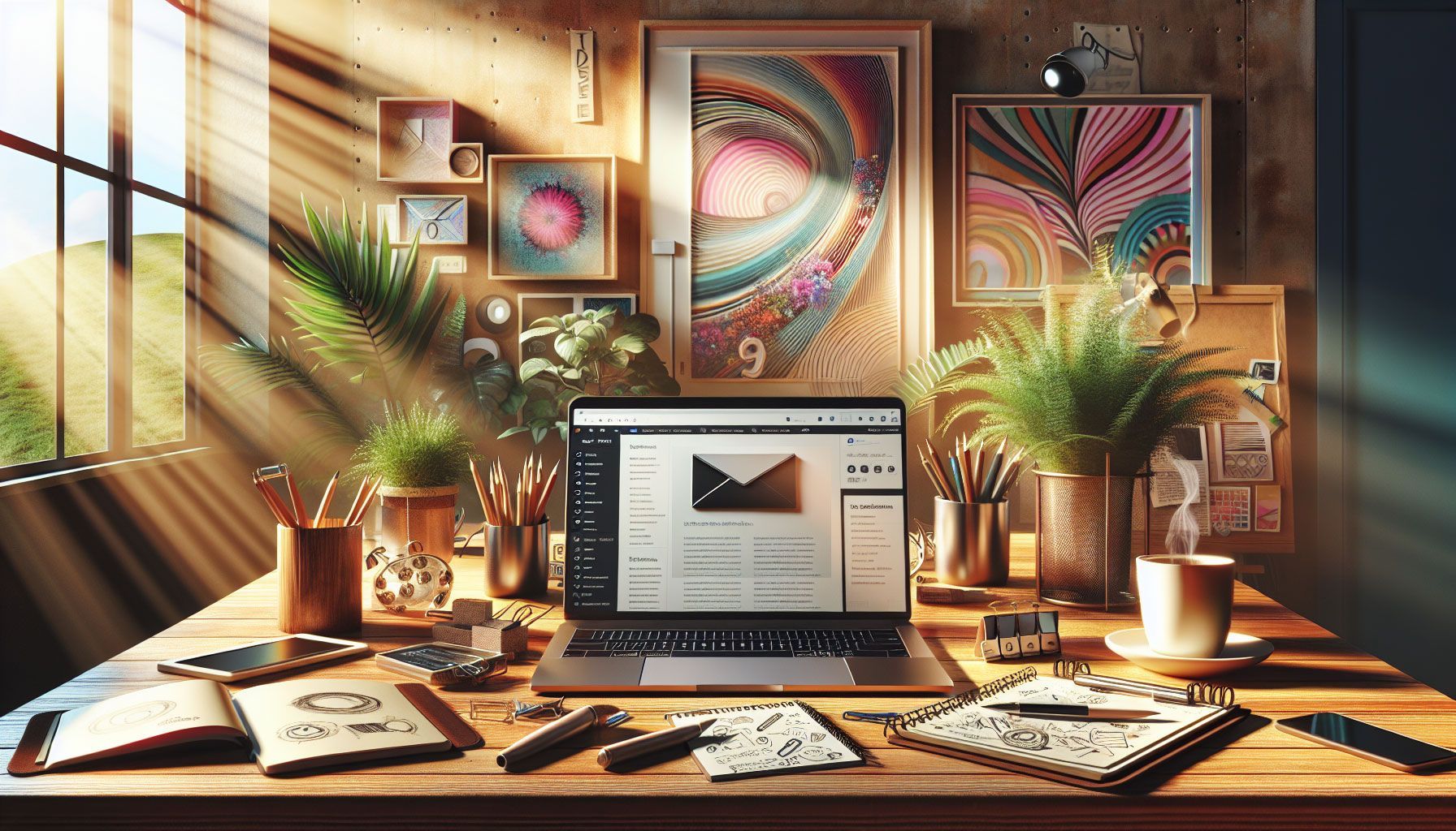 A visually striking and photo-realistic landscape image depicting a modern workspace with a laptop open displaying a visually appealing email newsletter template. The background features a well-organized desk cluttered with marketing materials such as brochures, a notepad with sketches, and a coffee cup. Natural light streams in from a nearby window, illuminating elements that suggest a creative atmosphere, like plants and a colorful artwork on the wall. The image embodies the theme of newsletter marketing for small businesses, appealing to retailers, marketers, and webshop owners.