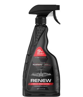 Black trigger spray bottle labeled RENEW and “9X” on a white background