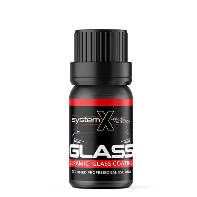 Black bottle of System X glass ceramic coating with red and white label on a white background