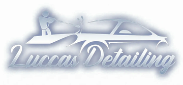 Lucas Detailing logo with a silver car silhouette and blue-gray script text on a white background