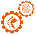 An icon of two gears working together. In one gear there is an image of a knee joint, while the other gear has an image of a brain.