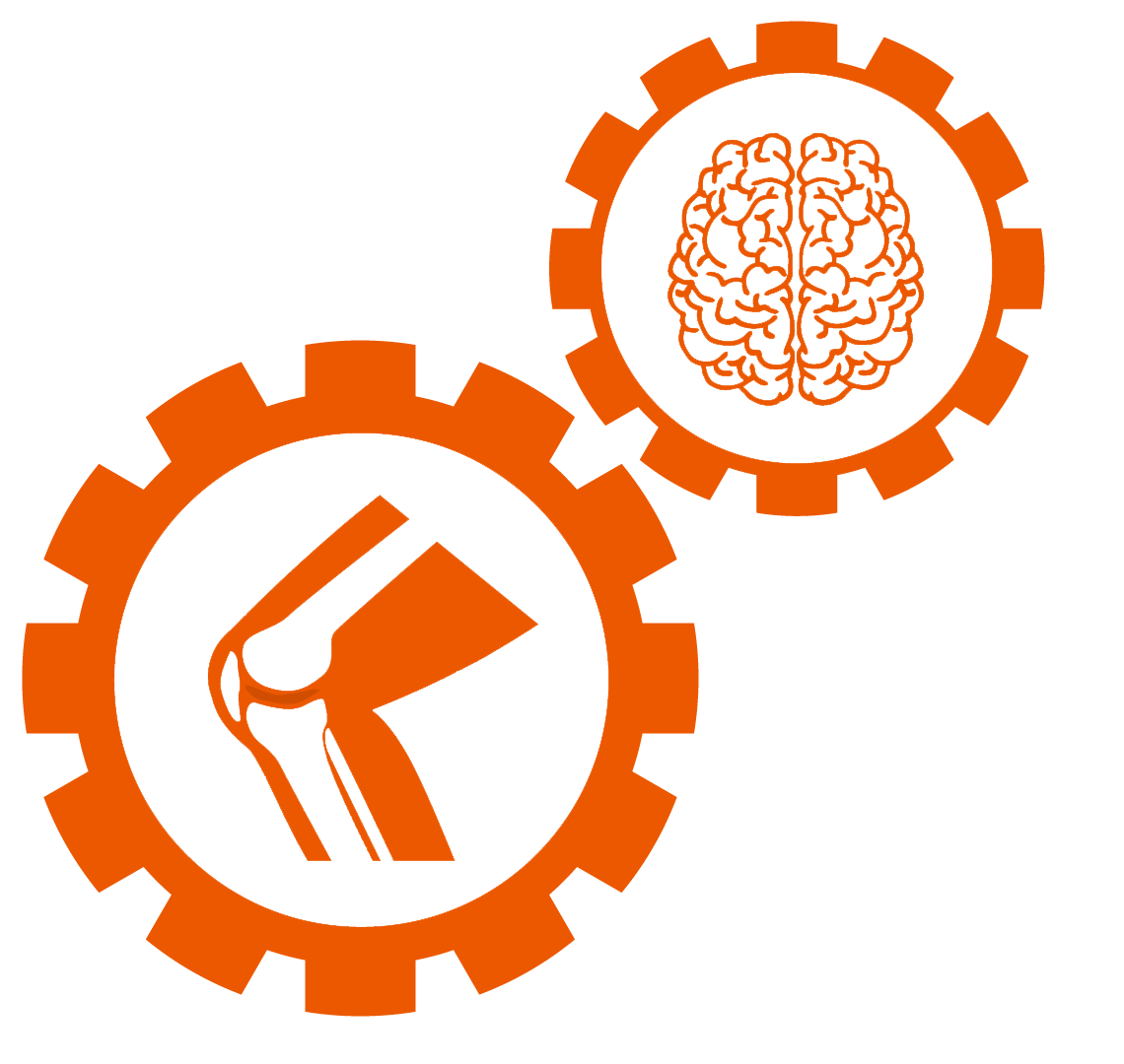 An icon of two gears working together. In one gear there is an image of a knee joint, while the other gear has an image of a brain.