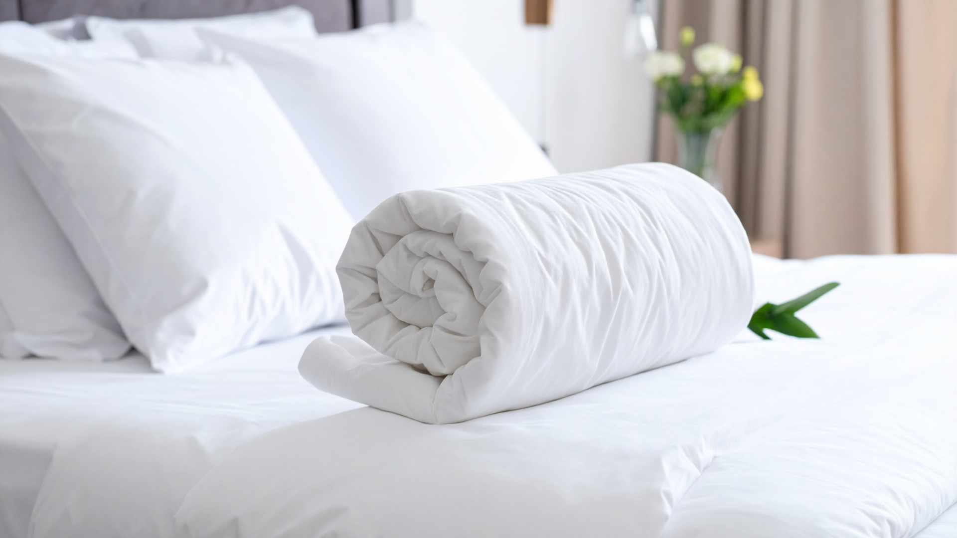 A rolled white comforter rests on a neatly made bed with white pillows and a small plant in the background.