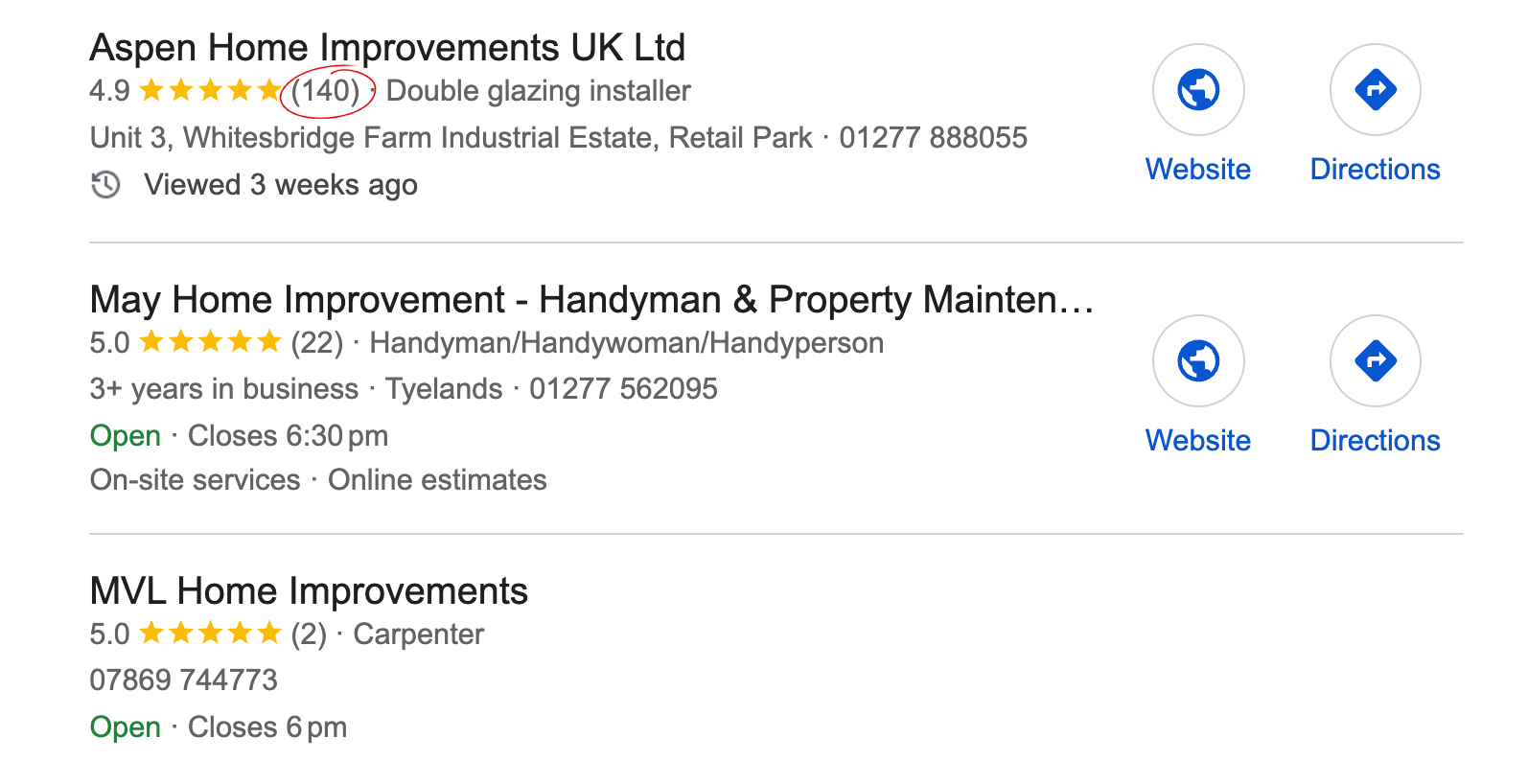 Google Maps search results for UK home improvement businesses with ratings, phone numbers, and directions buttons