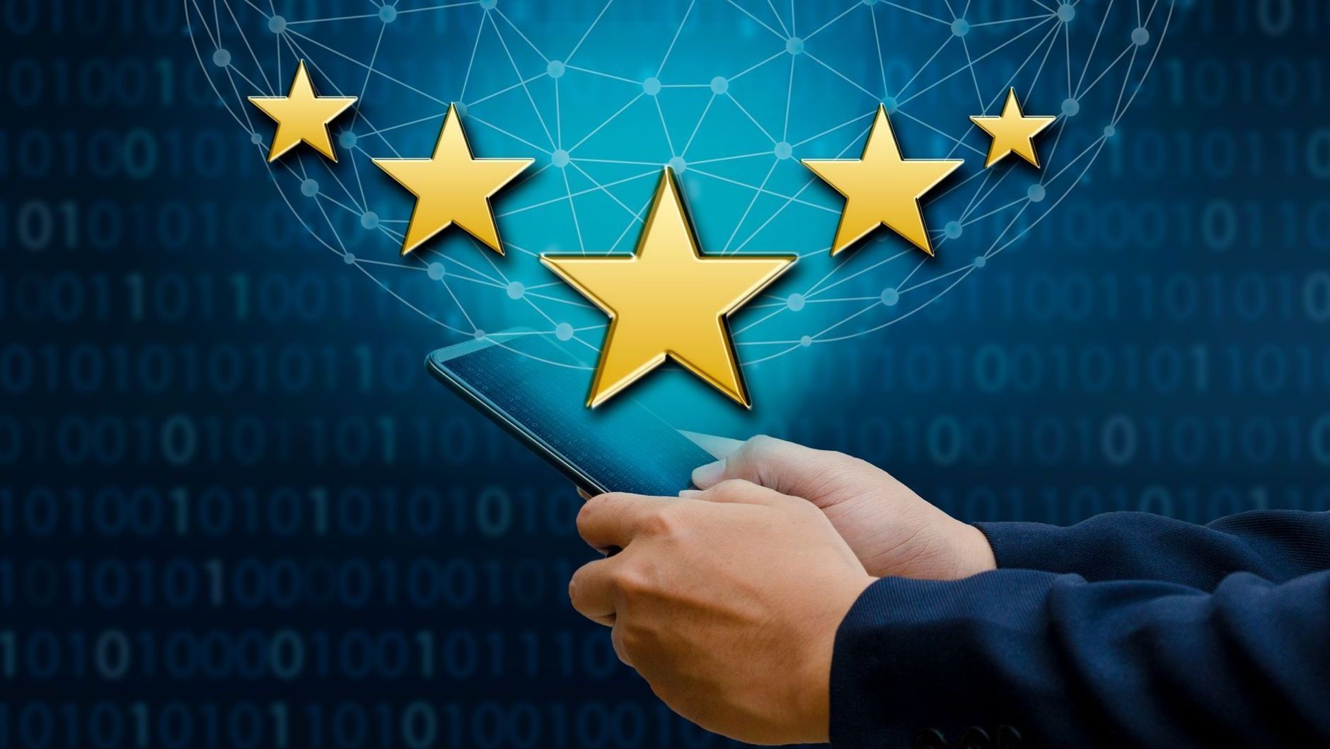 Hands holding a blue glowing network with five gold stars, suggesting European Union or rating concept