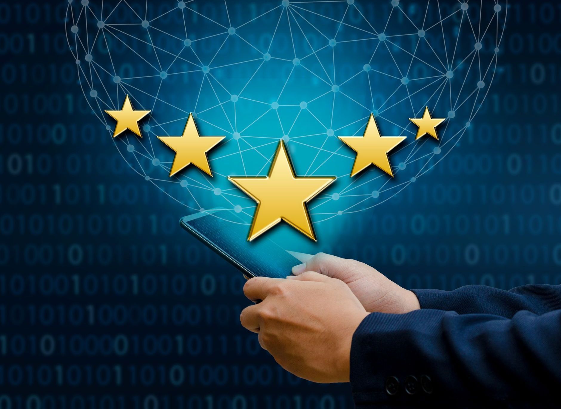Hands holding a glowing blue shield with gold stars against a digital network background