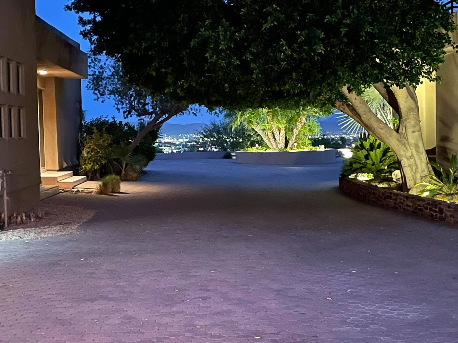 A driveway leading to a house is lit up at night