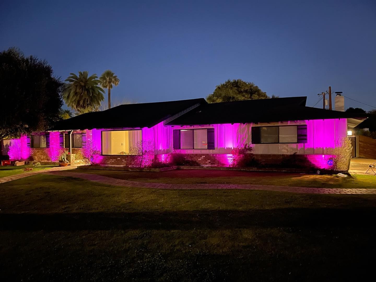A house is lit up with purple lights at night.