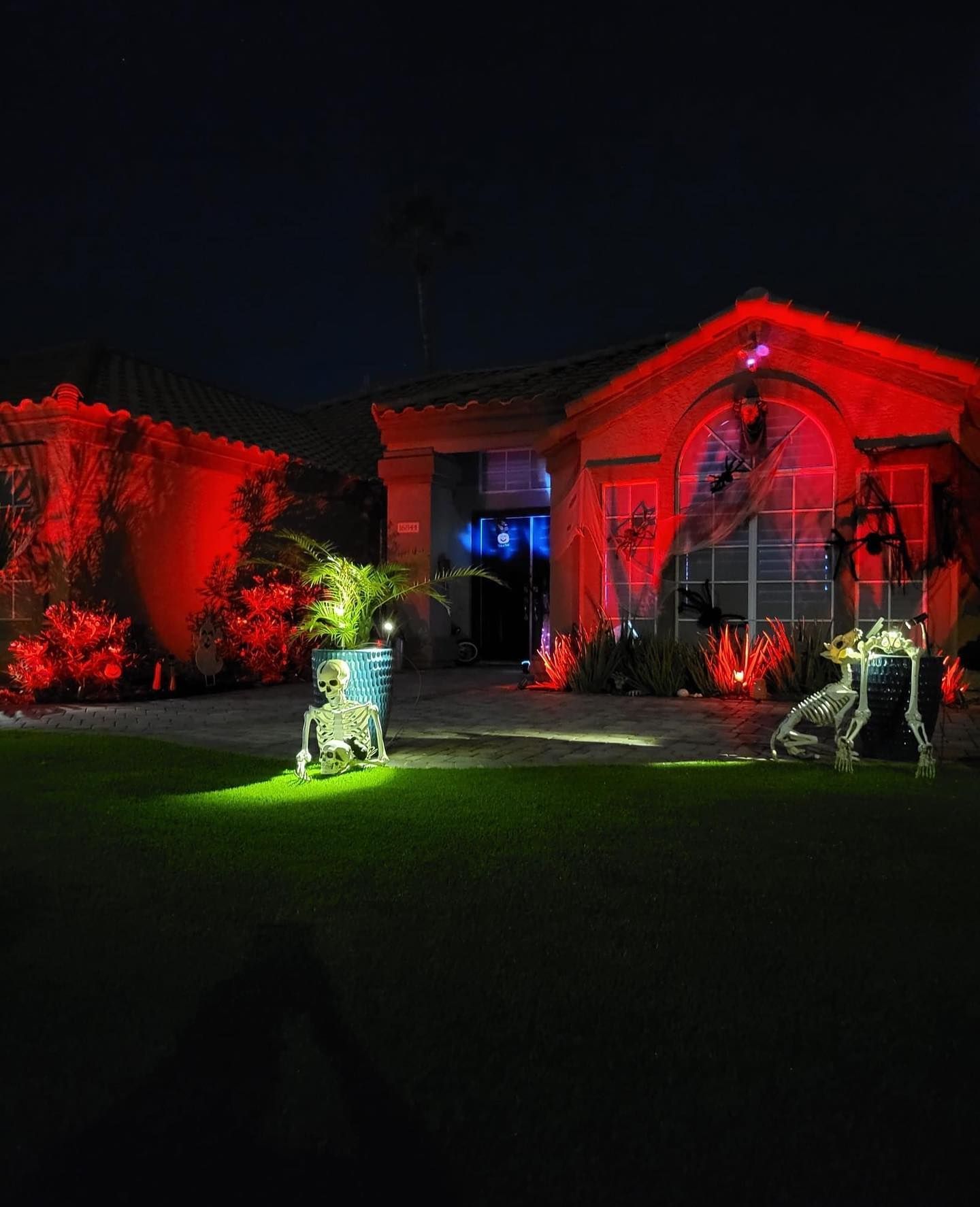 A house is decorated for halloween with red lights and skeletons.