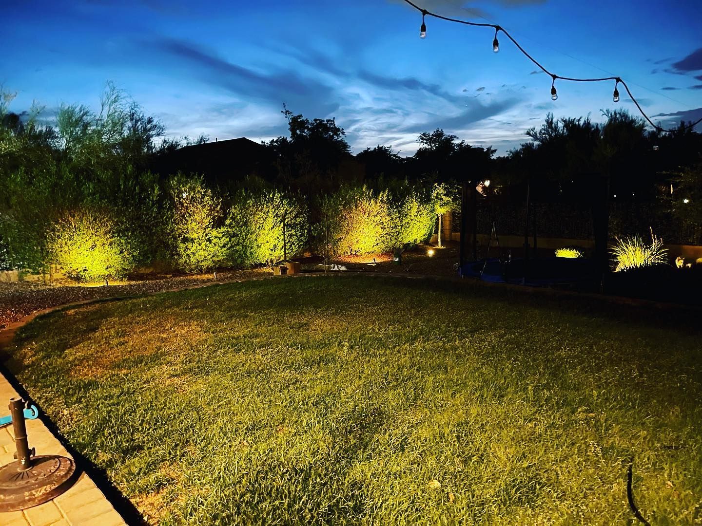 A large lawn is lit up at night with trees in the background.