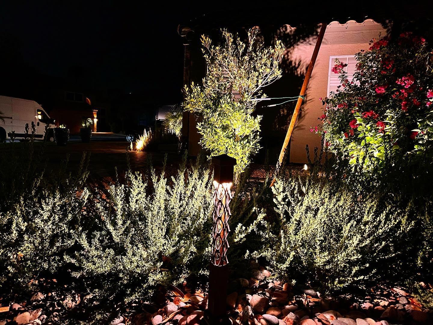 A garden is lit up at night with a house in the background.