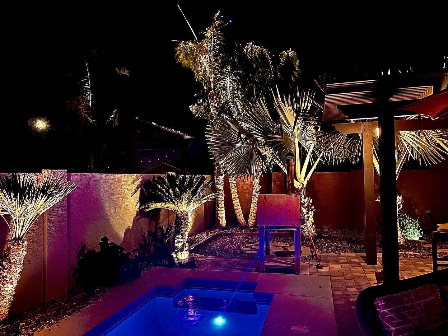 A swimming pool is lit up at night with palm trees in the background