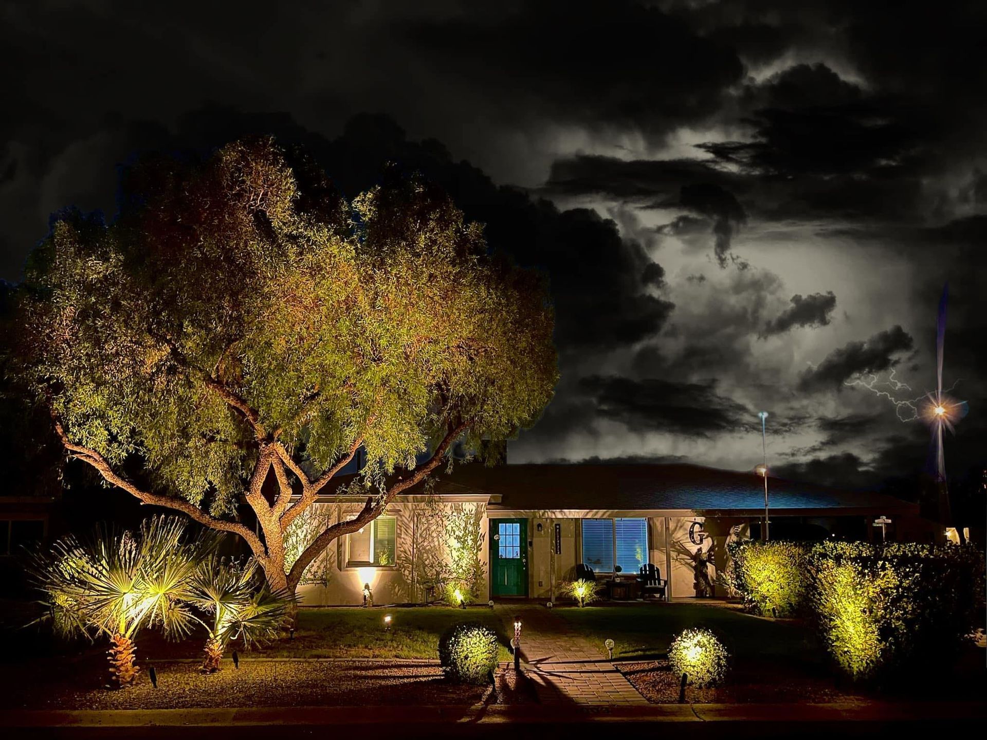 A house is lit up at night with a tree in front of it