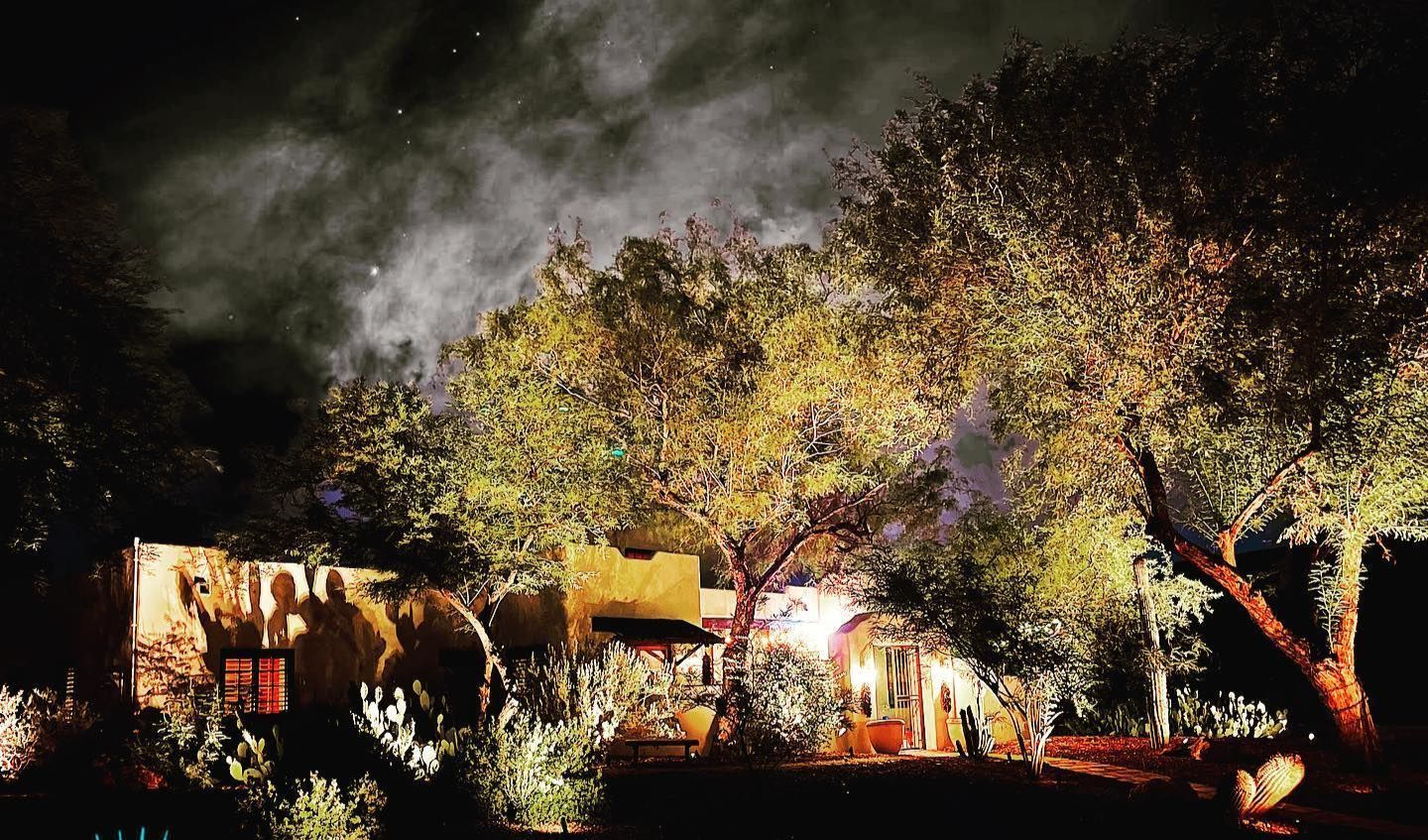 A house is lit up at night with trees in the foreground