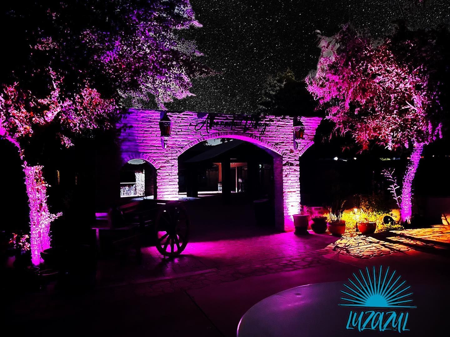 A stone archway is lit up with purple lights