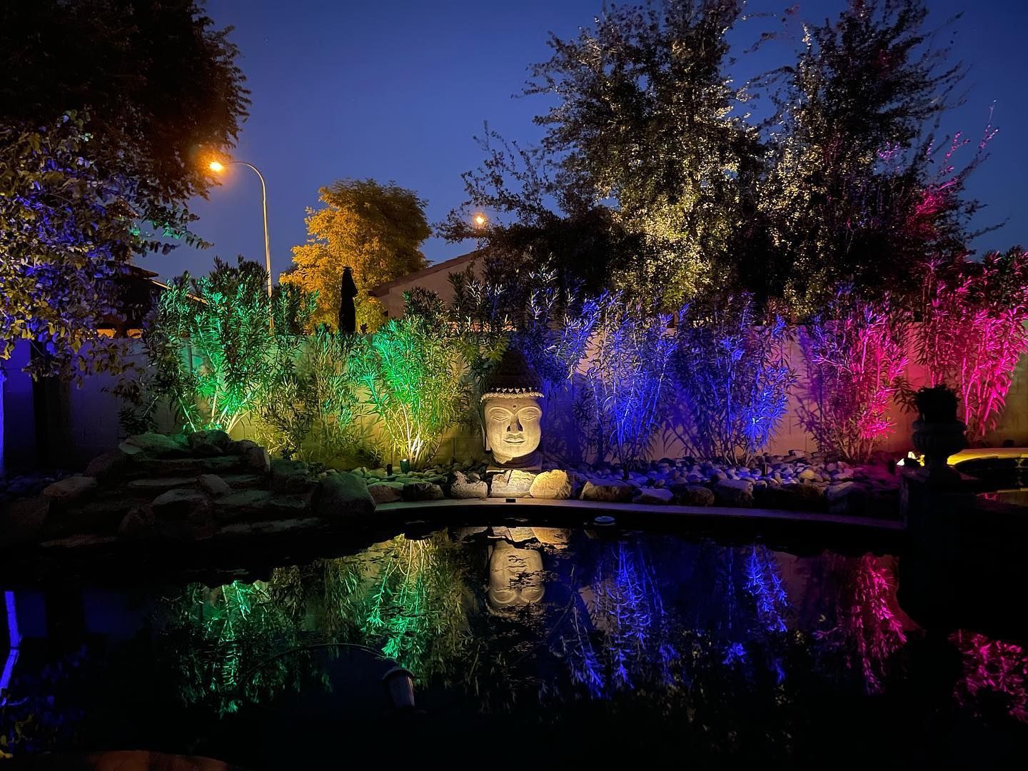 A pond is lit up with colorful lights at night