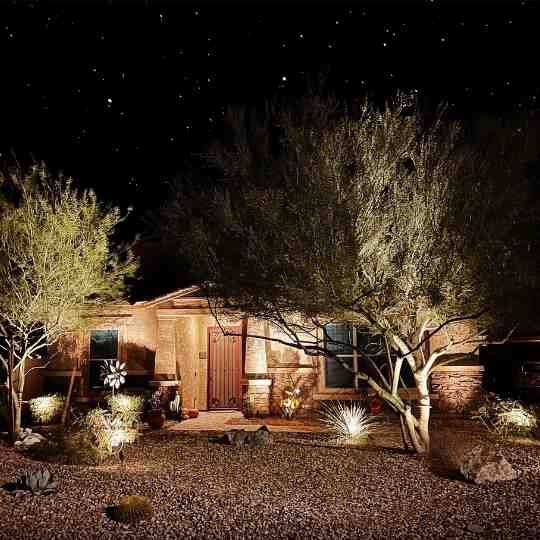 A house is lit up at night with trees in front of it.